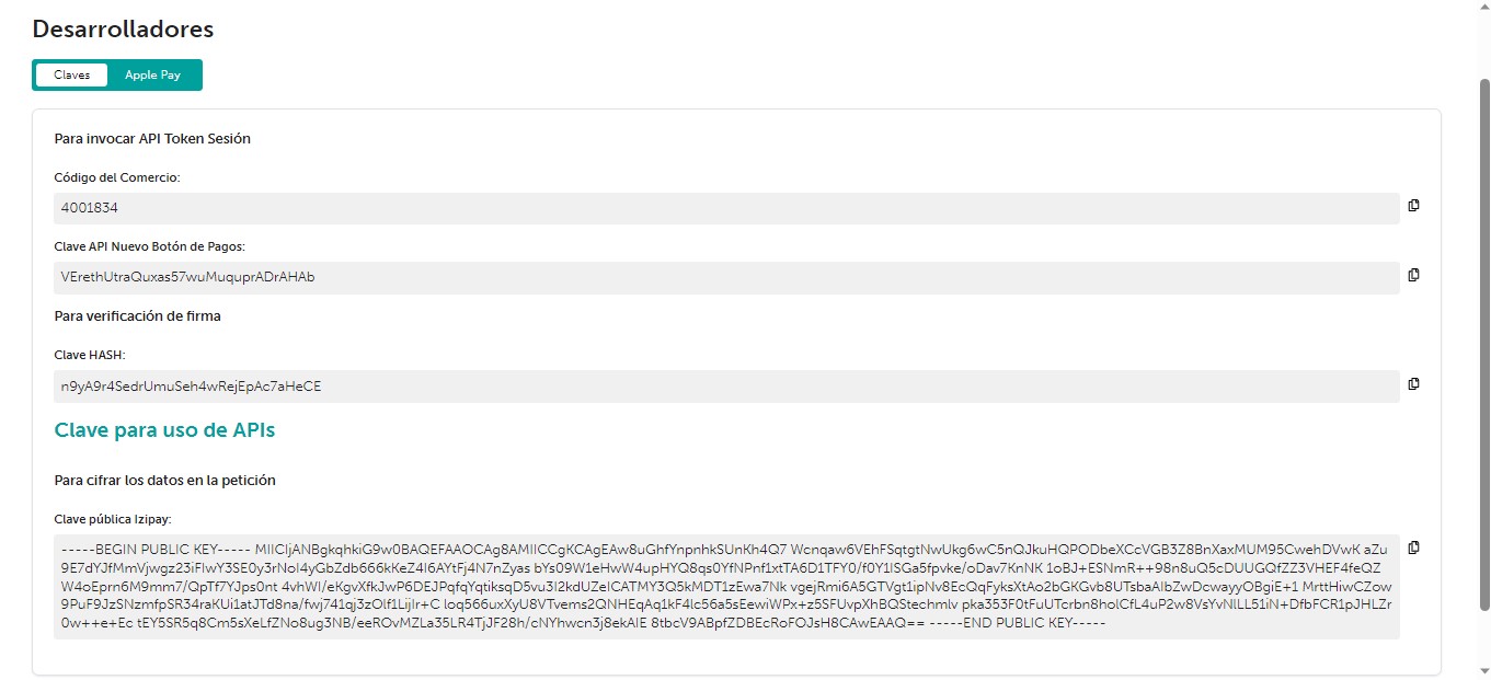 Sección Desarrolladores/Claves